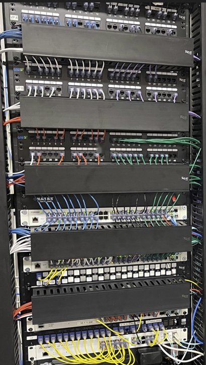 Network rack with neatly dressed patch cables and cable managers